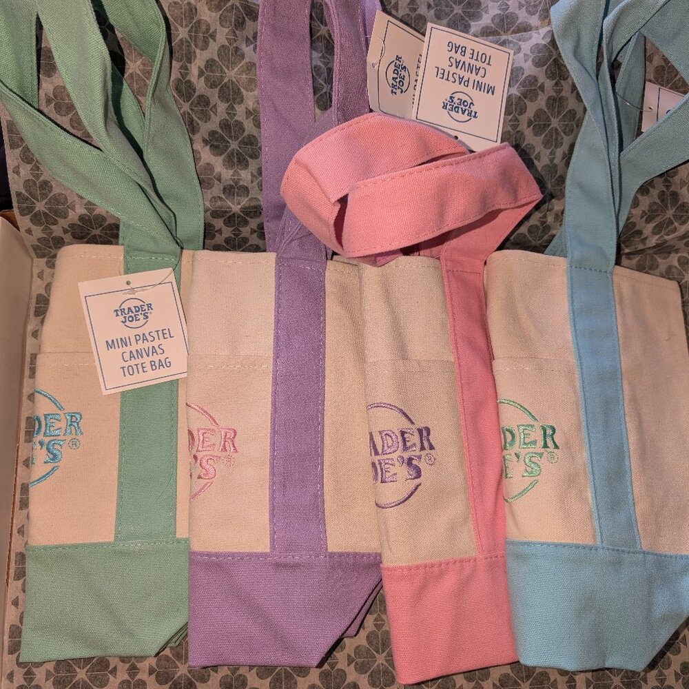 NEW with TAGS Trader Joes Mini Pastel Tote Bag Lot of 4 PINK PURPLE MINT BLUE